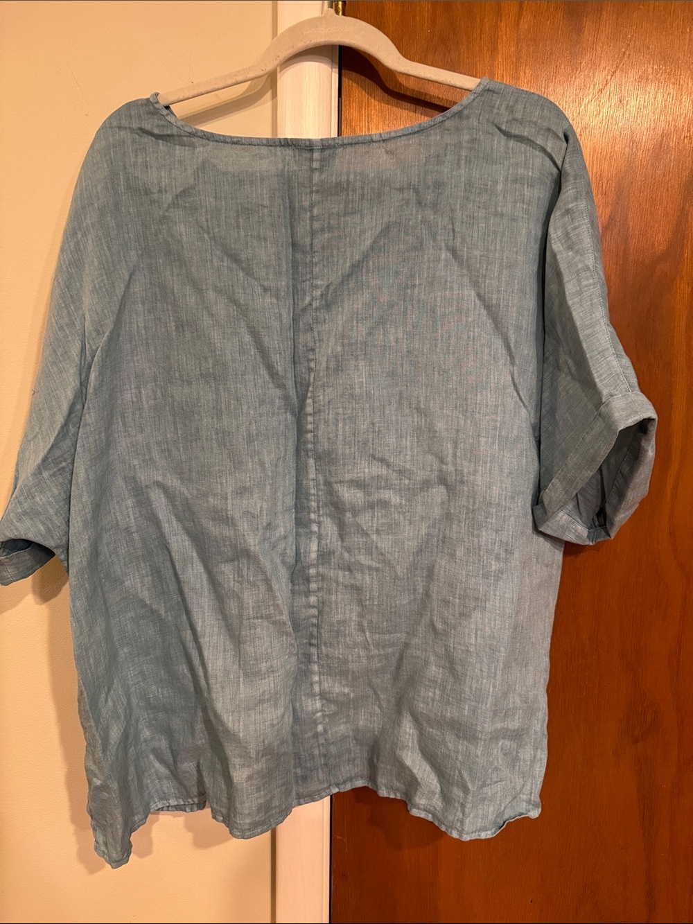 Light Blue Linen Scoop Neck Top - Petite - Picture 5 of 5